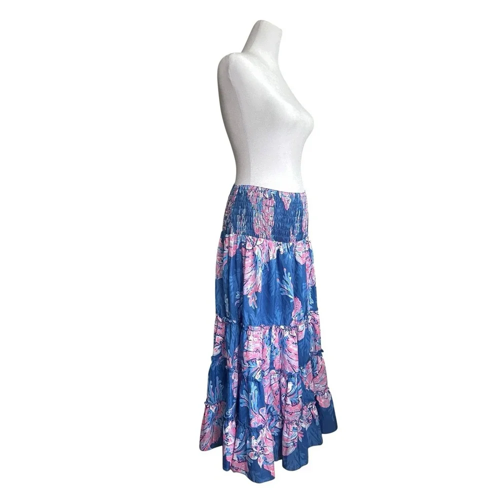 Lilly Pulitzer Deavan Pull-on Tiered Midi Skirt For The Fans Pink Blue Beachy S